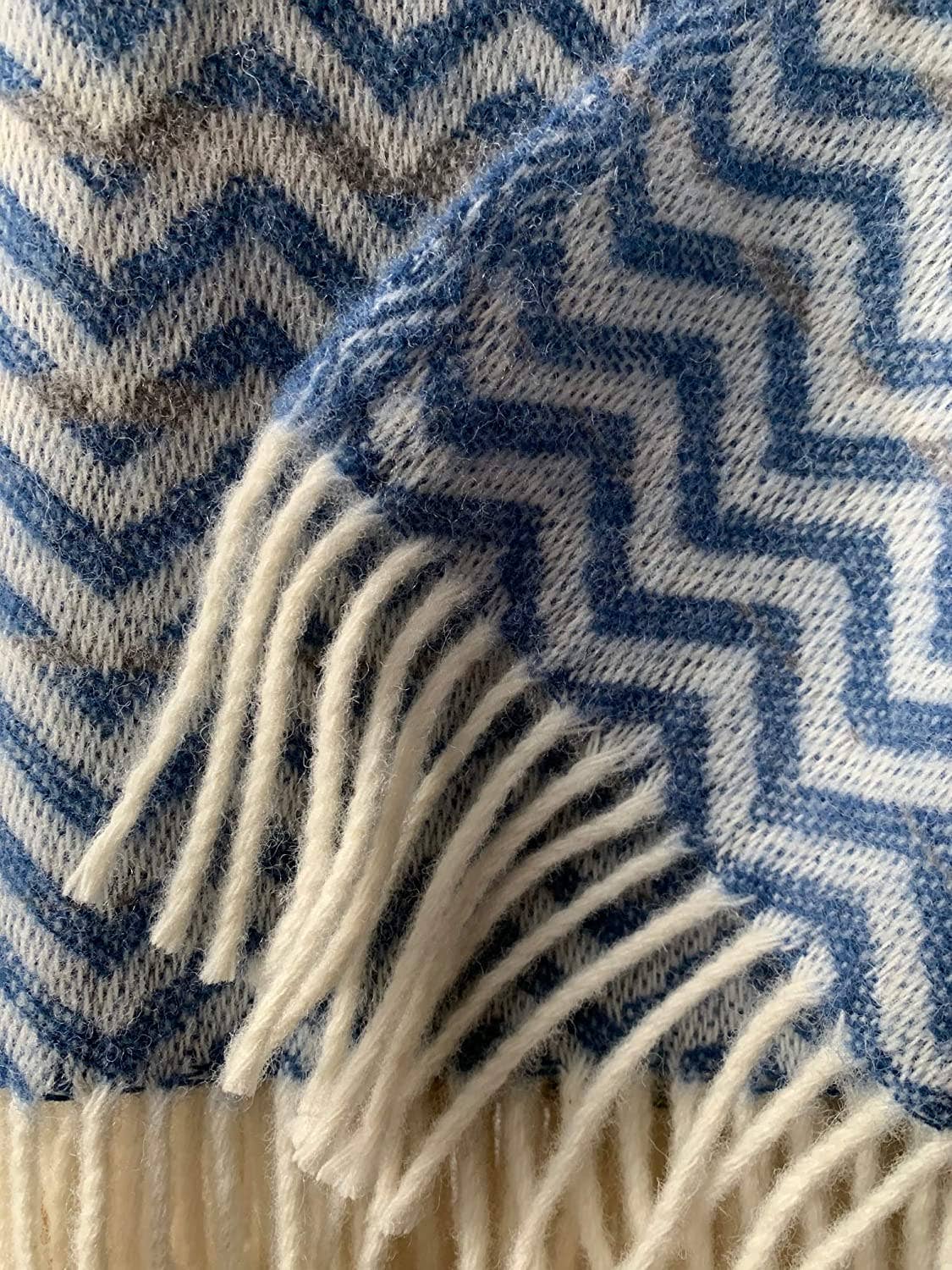 WoolOnly - Vente Plaids - Plaid Jacquard Zig-Zag Vague 100% Laine Mérinos Fine (bleu/gris, 130x170 cm)4