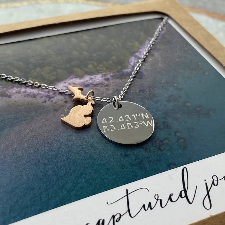 Custom Michigan Coordinates Disc Necklace - Name Drop for wholesale by My Captured Journey