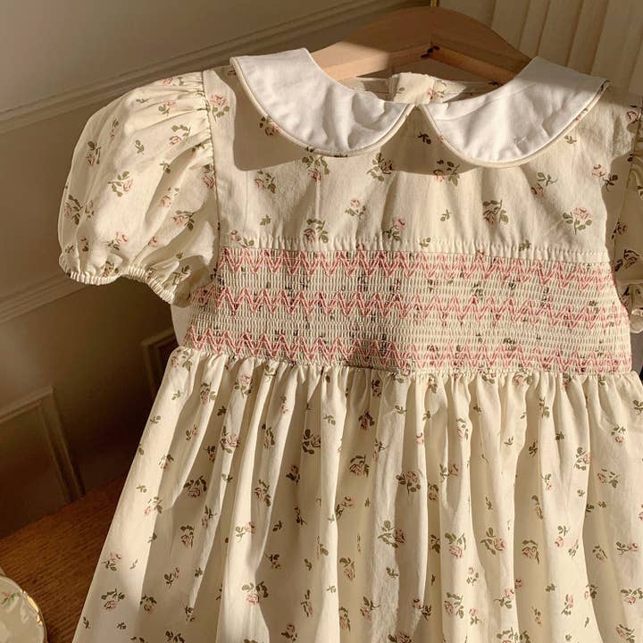 Beige Summer Arrival Baby Kids Girls French Cute Short Sleeves Flowers Pattern Printed Dress for wholesale on Faire2