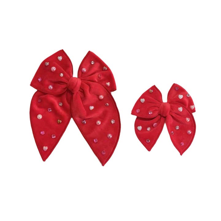 Röd sammetspärla & strass kantad rosett med klämma för wholesale av Pretty in Pink Bows