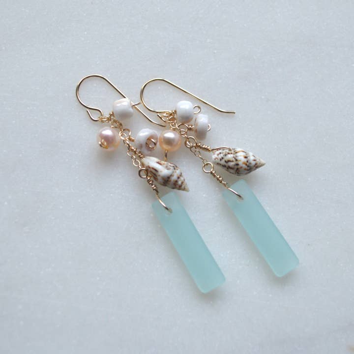 Salty But Sweet - Wholesale Dangle Earrings - Dangling Frosted Glass & Shell Earrings