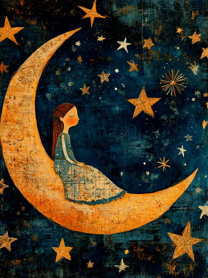 Fille assise sur un croissant de lune - Aliens, vaisseaux spatiaux, art mural de l'espace - Impressions artistiques 8″x10″ pour cadre 11″x14″ pour la vente par Mowbi