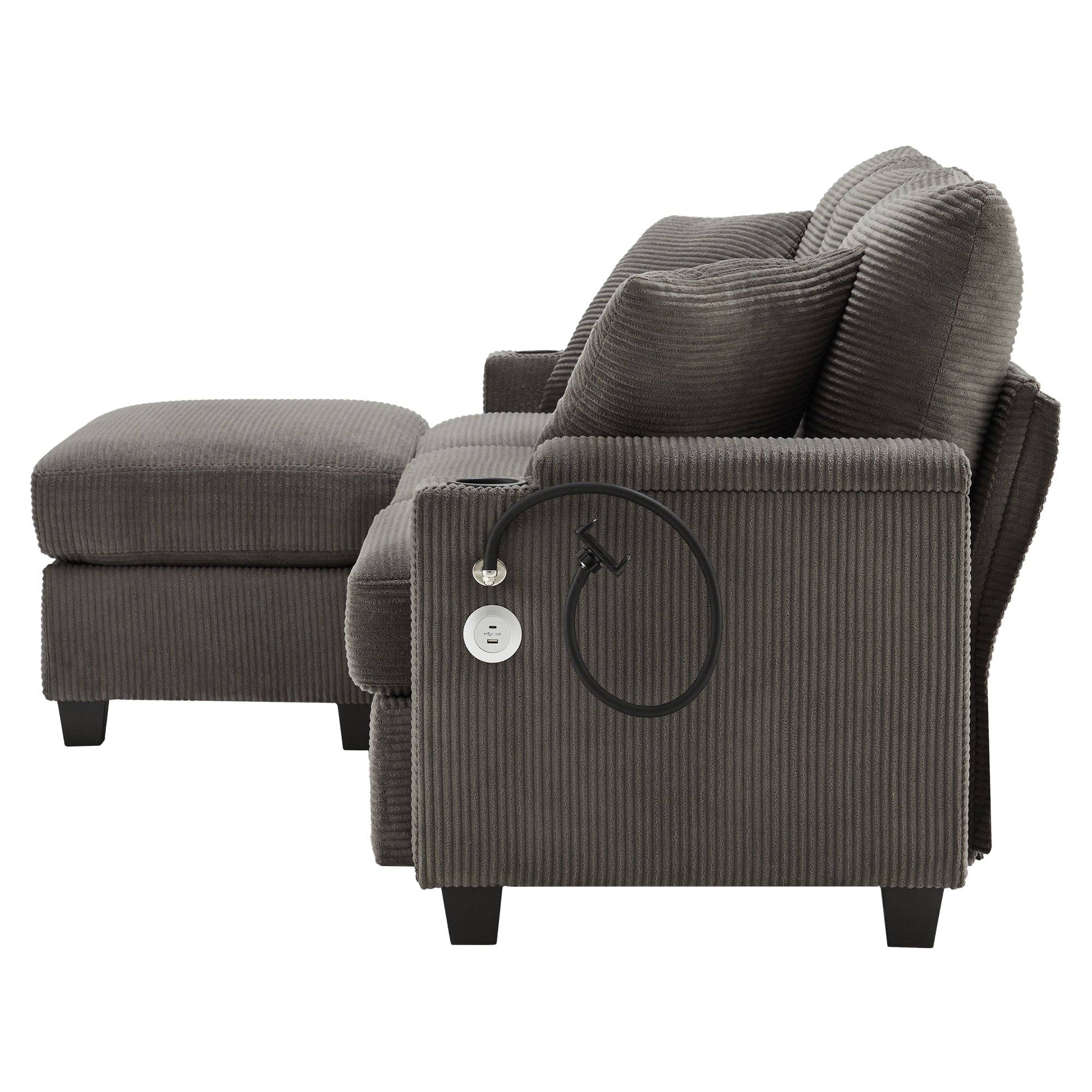 Urban Meuble - Wholesale Bank - Modulaire hoekbank in grijze ribfluweel, 3-4 zitplaatsen met afneembare poef, USB-poorten en bekerhouders GEYSERFOUNT19