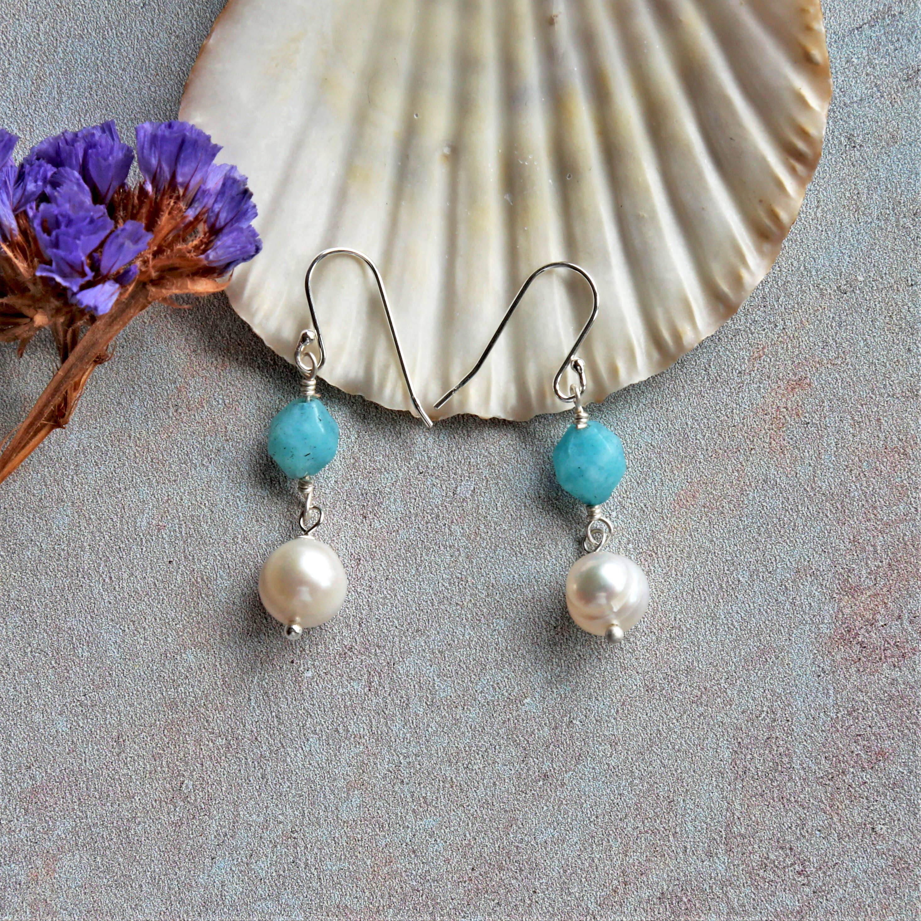 IST Jewelry - Wholesale Dangle Earrings - Peruvian Amazonite & Cultured Pearl Drop Earrings1
