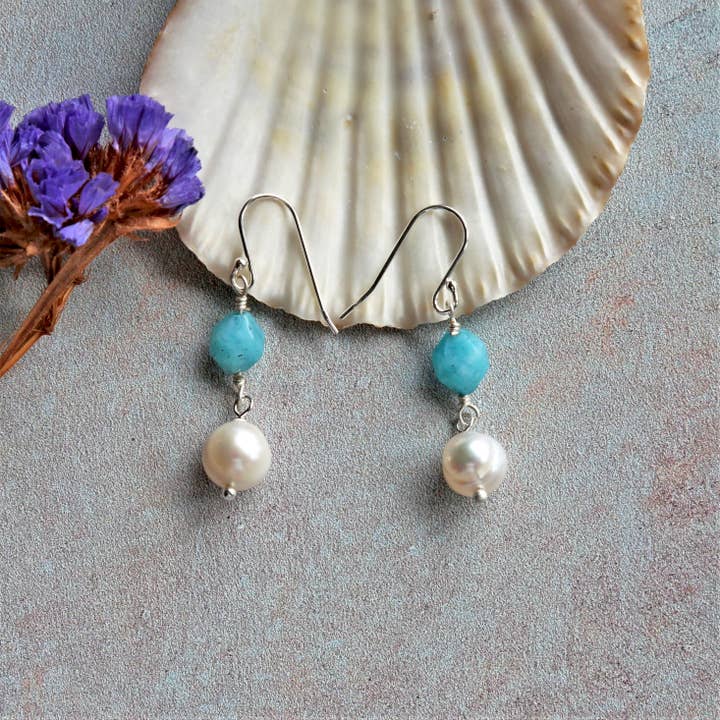 IST Jewelry - Wholesale Dangle Earrings - Peruvian Amazonite & Cultured Pearl Drop Earrings1