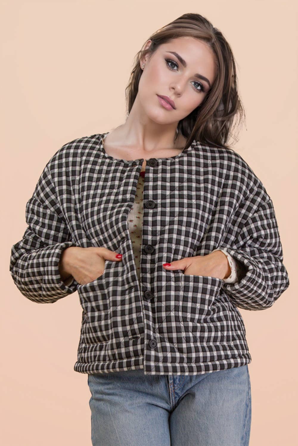 VERY J - Wholesale Jacket - Women's - NJ90419-Oversized Checkered Casual Quilt Jacket0