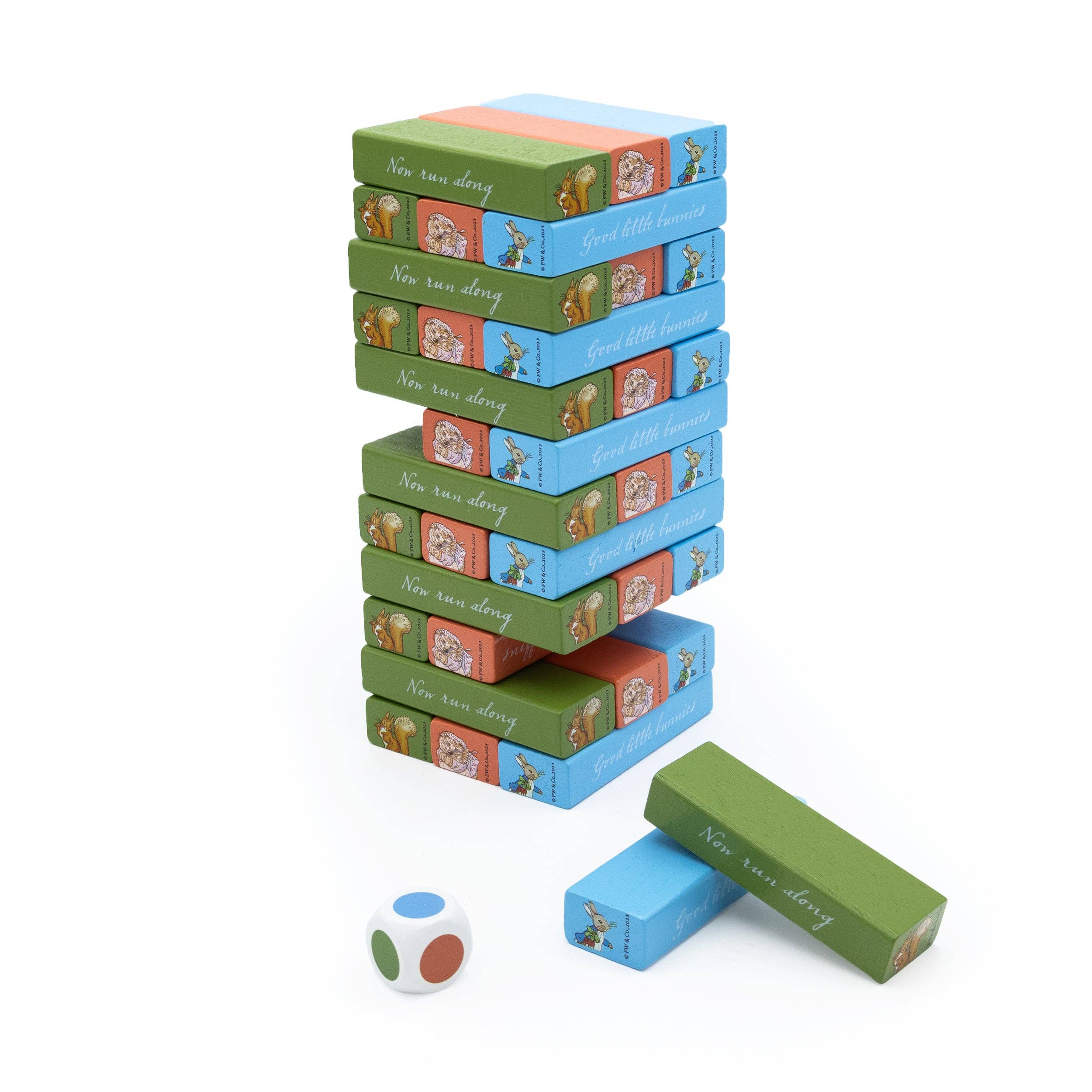 Robert Frederick Ltd - Venta al por mayor Juegos de apilar - Juego de Torre Tambaleante de Peter Rabbit - Conjunto de Apilamiento de Madera con Dados2
