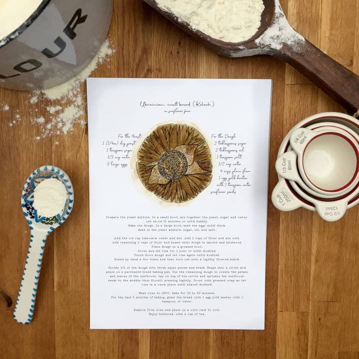 Sweet Ukrainian bread recipe in sunflower form A4 for wholesale by feather.ink