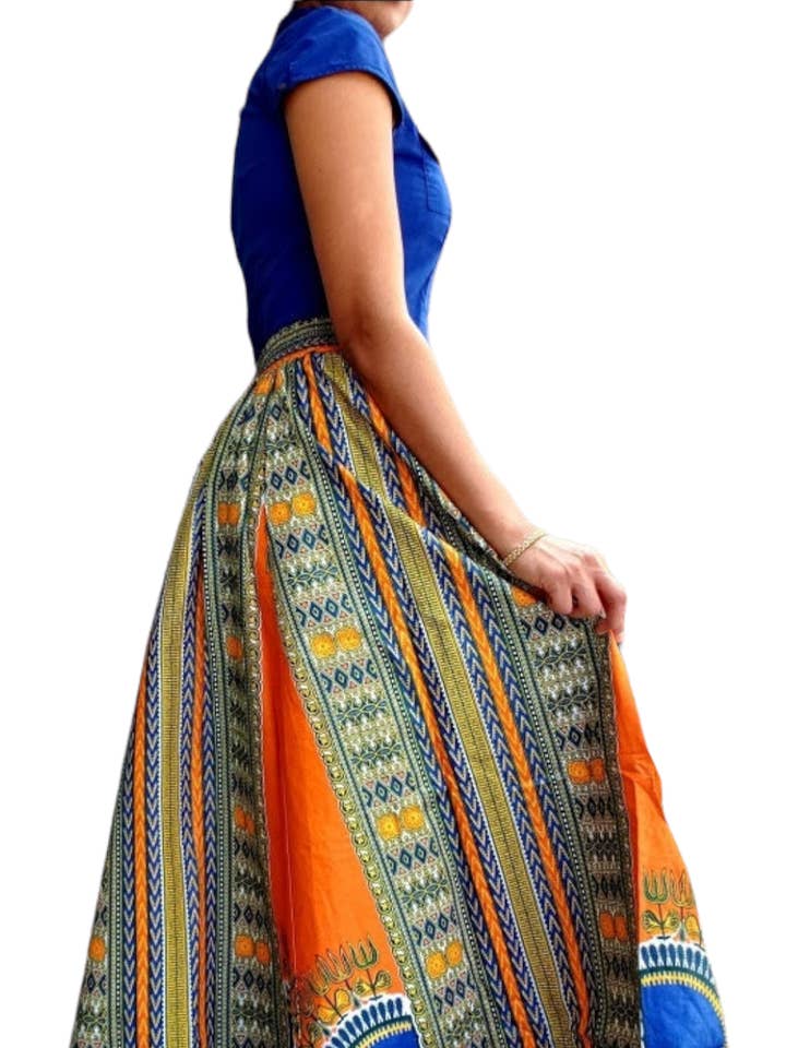 7001 Women Long Maxi Skirt- Orange Dashiki for wholesale by India Batik