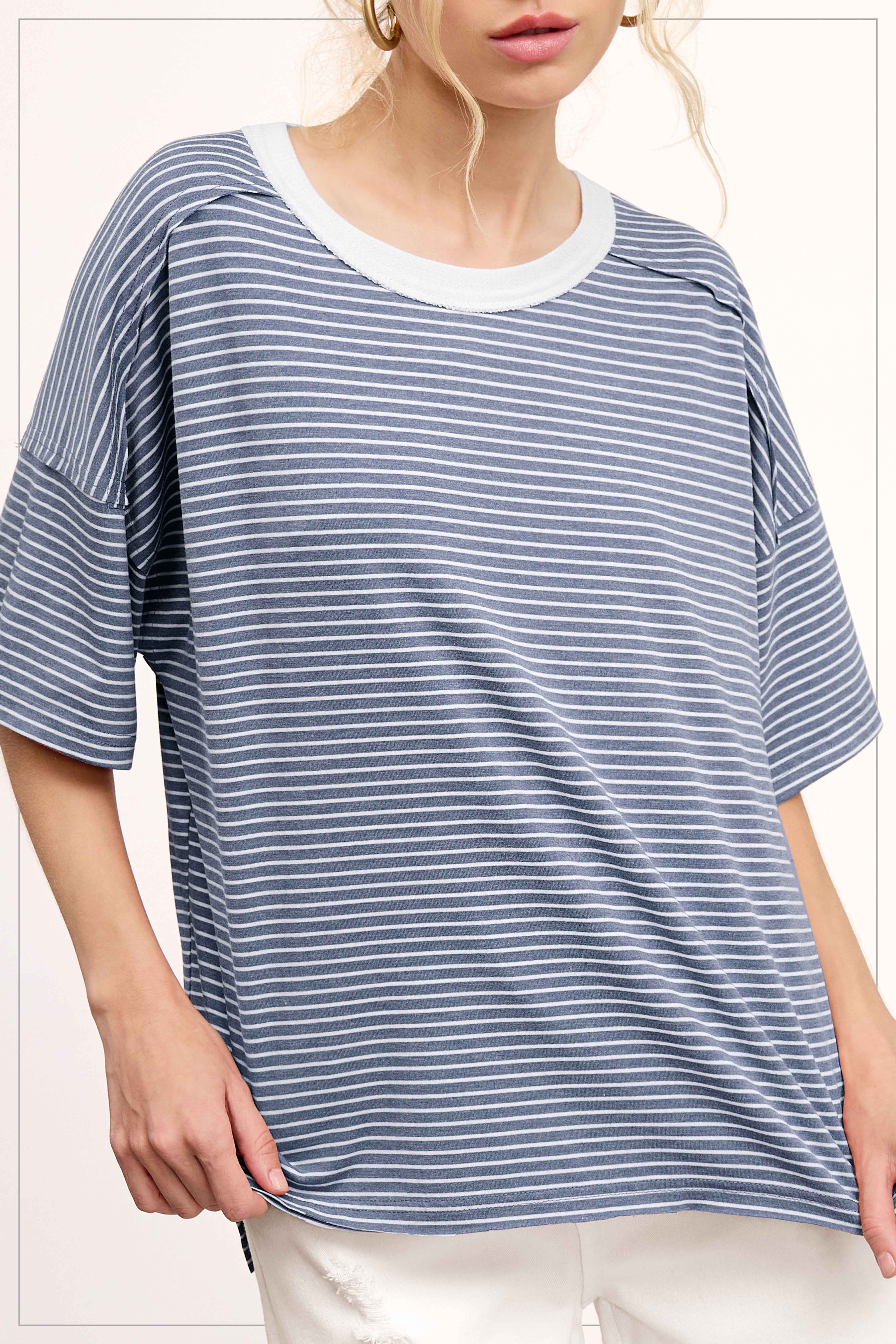 La Miel - Wholesale T-Shirt - Women's - HDT7703-Basic Striped Drop Shoulder Short Sleeves Top19