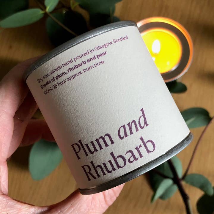 Plum and Rhubarb Soy Wax Candle Tin for wholesale by Lovat Press