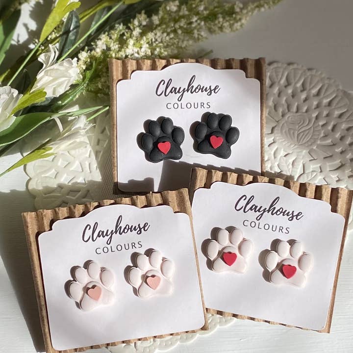 Clayhouse Colours - Wholesale Stud/Post Earrings - Paw Print Heart Clay Studs4