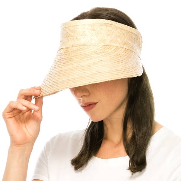 Natural palm leaf sun visor with a generous 5-inch brim for wholesale on Faire1