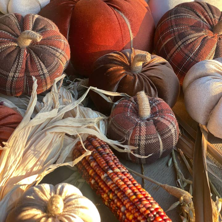 Collins Painting & Design - Wholesale Decorative Tabletop Object - CF-3143 - Lrg. Harvest Plaid Fall Fabric Pumpkin
