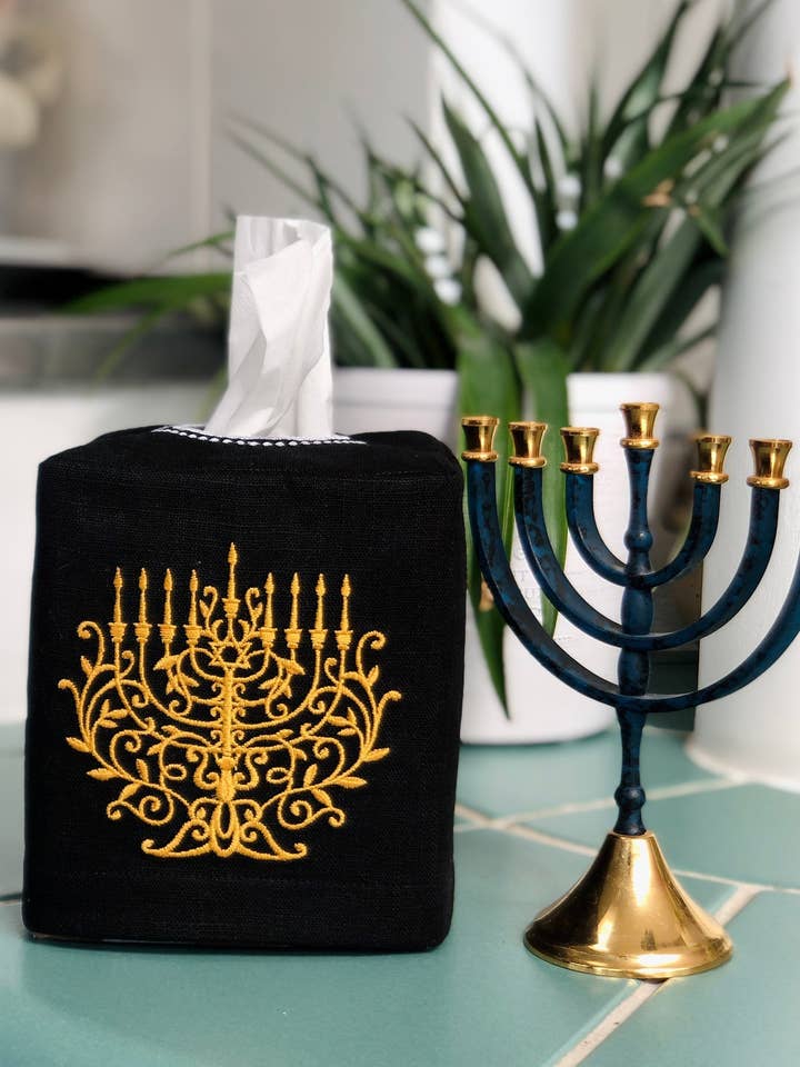 Menorah Embroidered Linen Tissue Box Cover for wholesale by Belle Linen