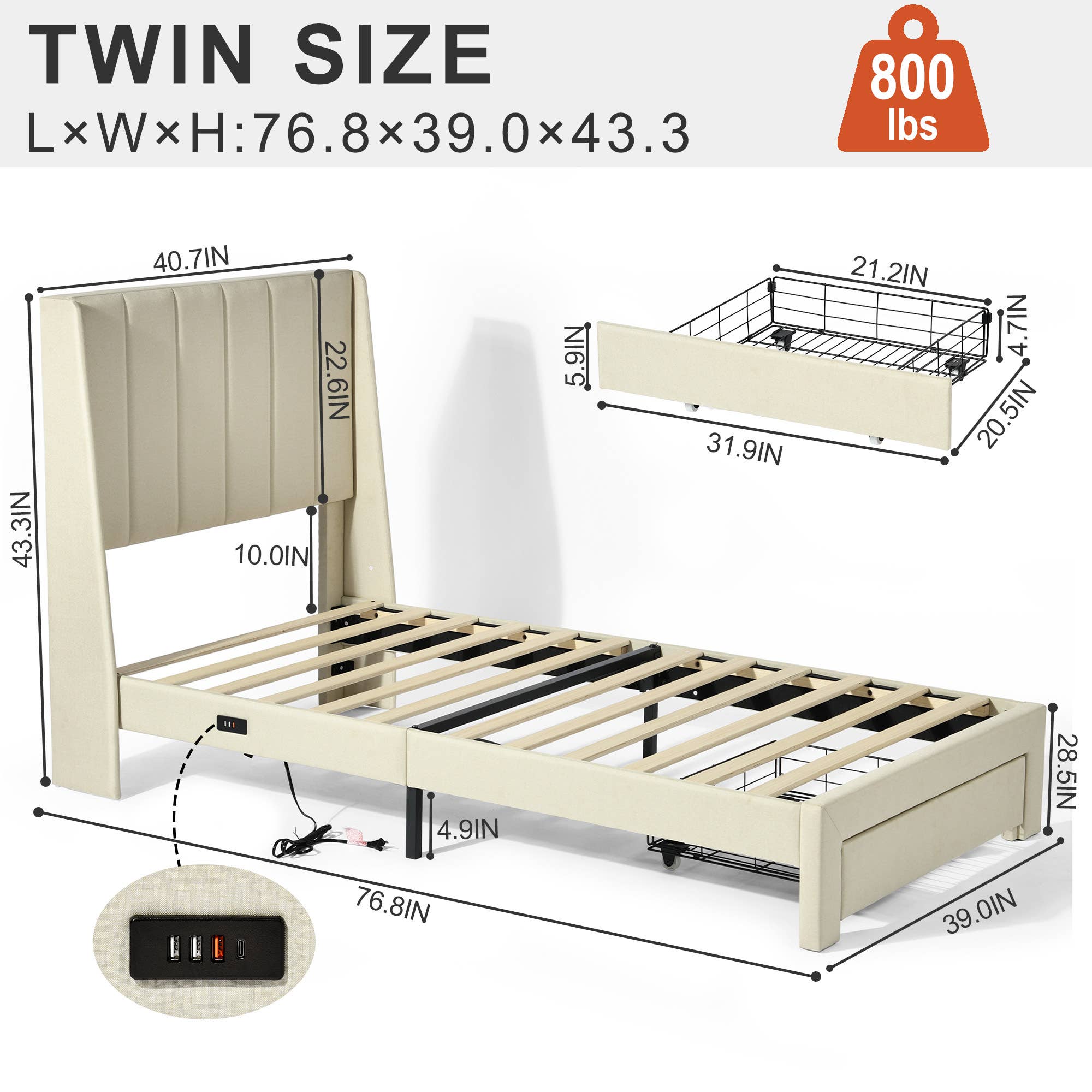 39F Inc. - Wholesale Bed - Upholstered Bed with Drawers, USB Port– Twin & Queen Sizes9