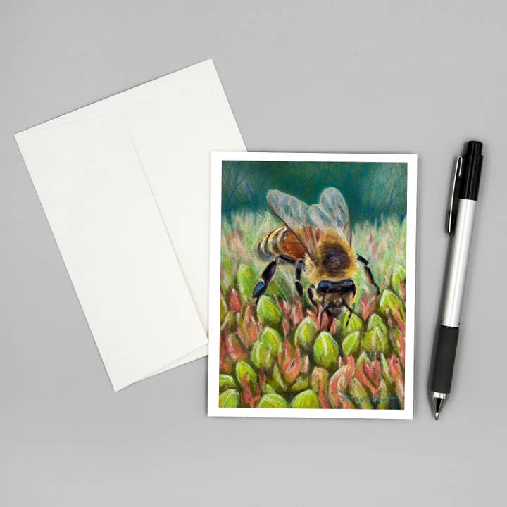 Note Card, Eco-friendly, Honeybee on Autumn Joy Sedum for wholesale by Mary Pow Designs