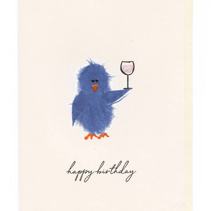 FLAUNT HANDMADE CORRESPONDENCES - Vente Cartes d'anniversaire - Oiseau bleu « Joyeux anniversaire » avec vin