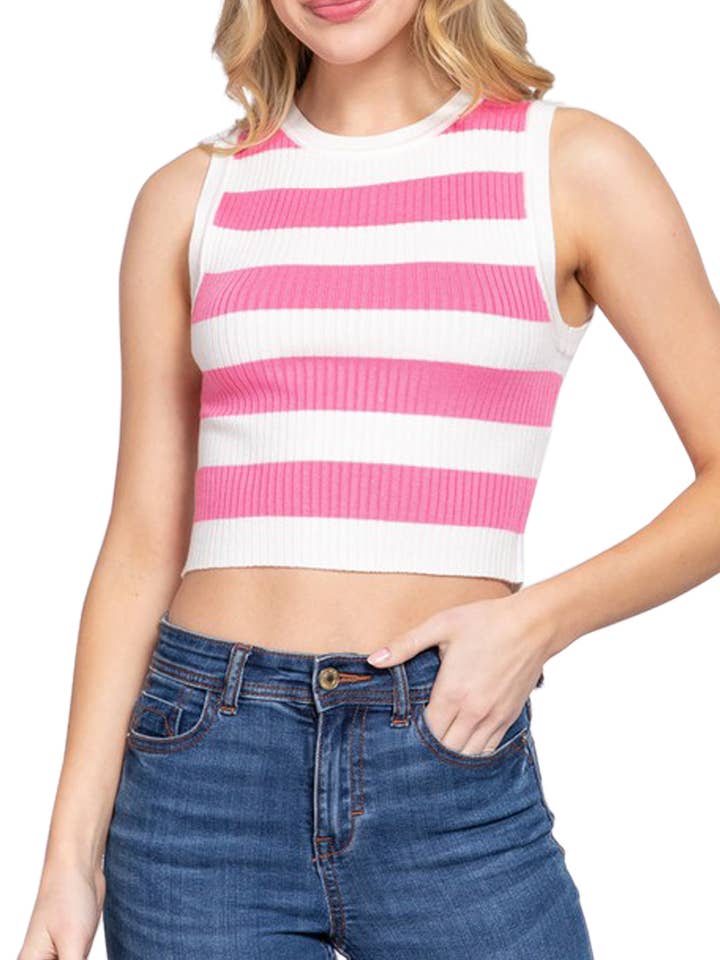 Sleeveless Round Neck Stripe Knit Sweater Top for wholesale by Vanilla Monkey