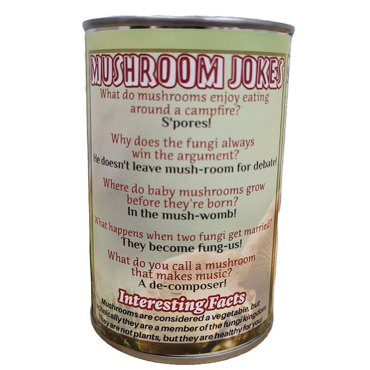 Canned Gifts – wholesale Gag gift/novelty gift – Canned Mushroom - Chanterelle Mushroom Plush Gift w/Jokes1