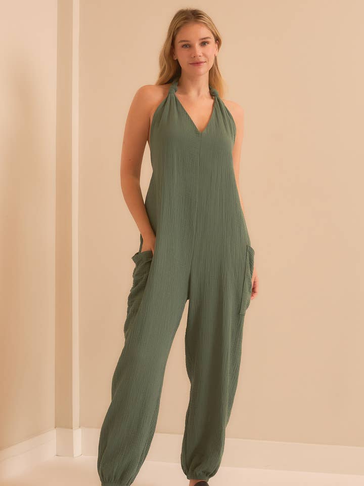 PUFF GAUZE HALTER JUMPSUIT FWMJ3279 for wholesale by Wasabi + Mint