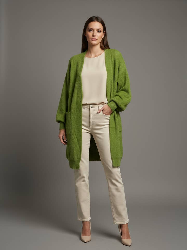 W-014 Long Furry-Texture Cardigan with Pockets for wholesale by FAME GREECE