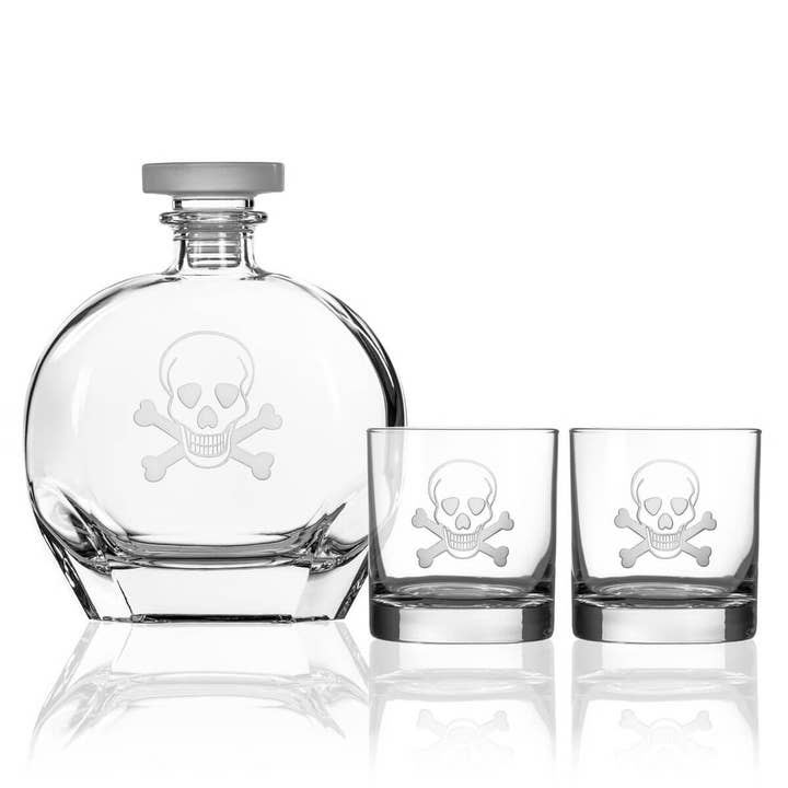 Rolf Glass – wholesale Decanter – Skull & Crossbones 3 Piece Whiskey Decanter Gift Set