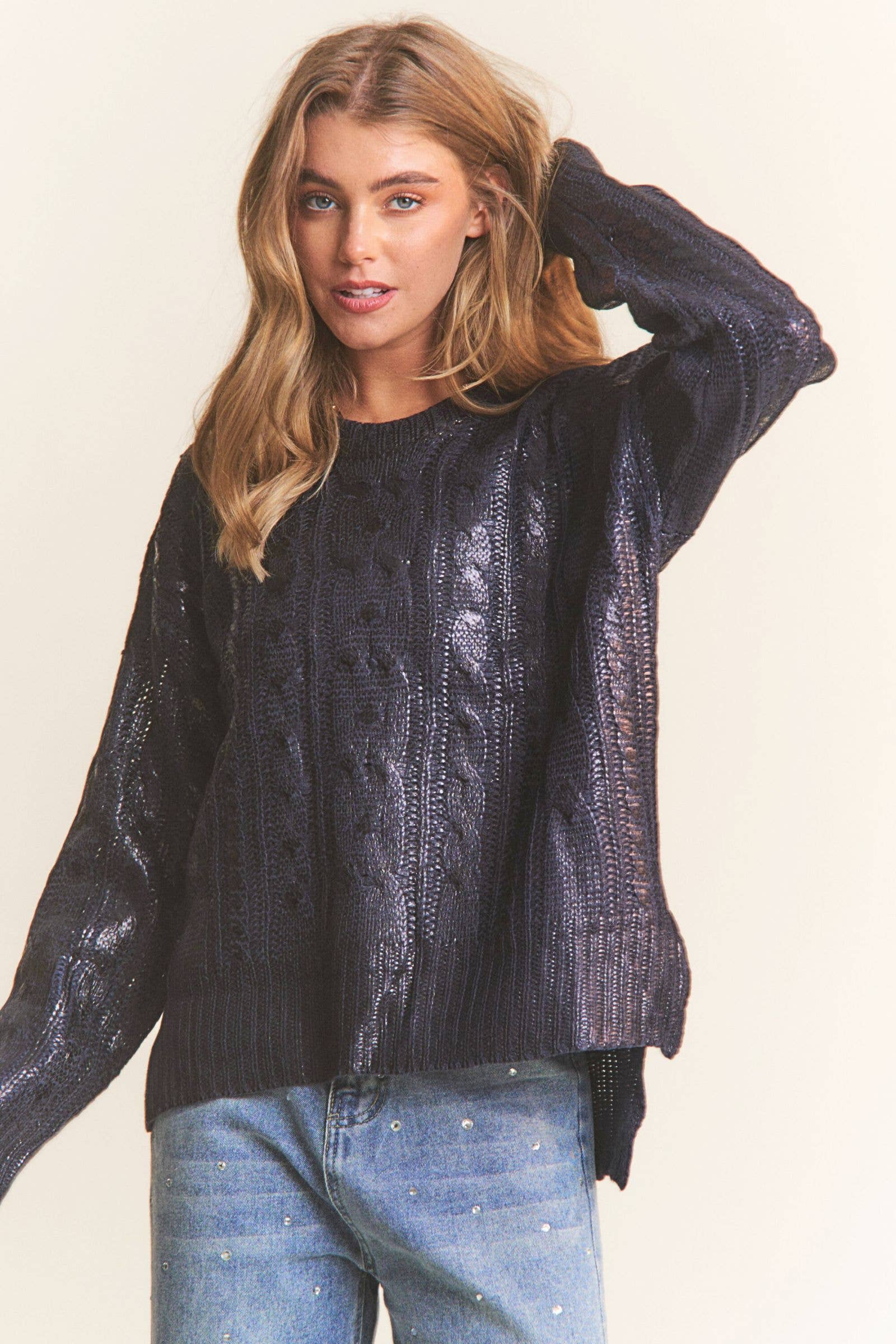 Soft Black Cire Fabric Knit Round Neck Sweater for wholesale on Faire4