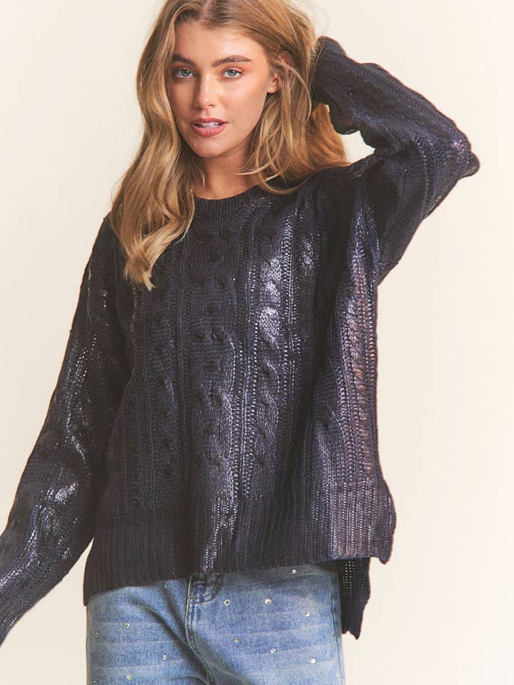 Soft Black Cire Fabric Knit Round Neck Sweater for wholesale on Faire4