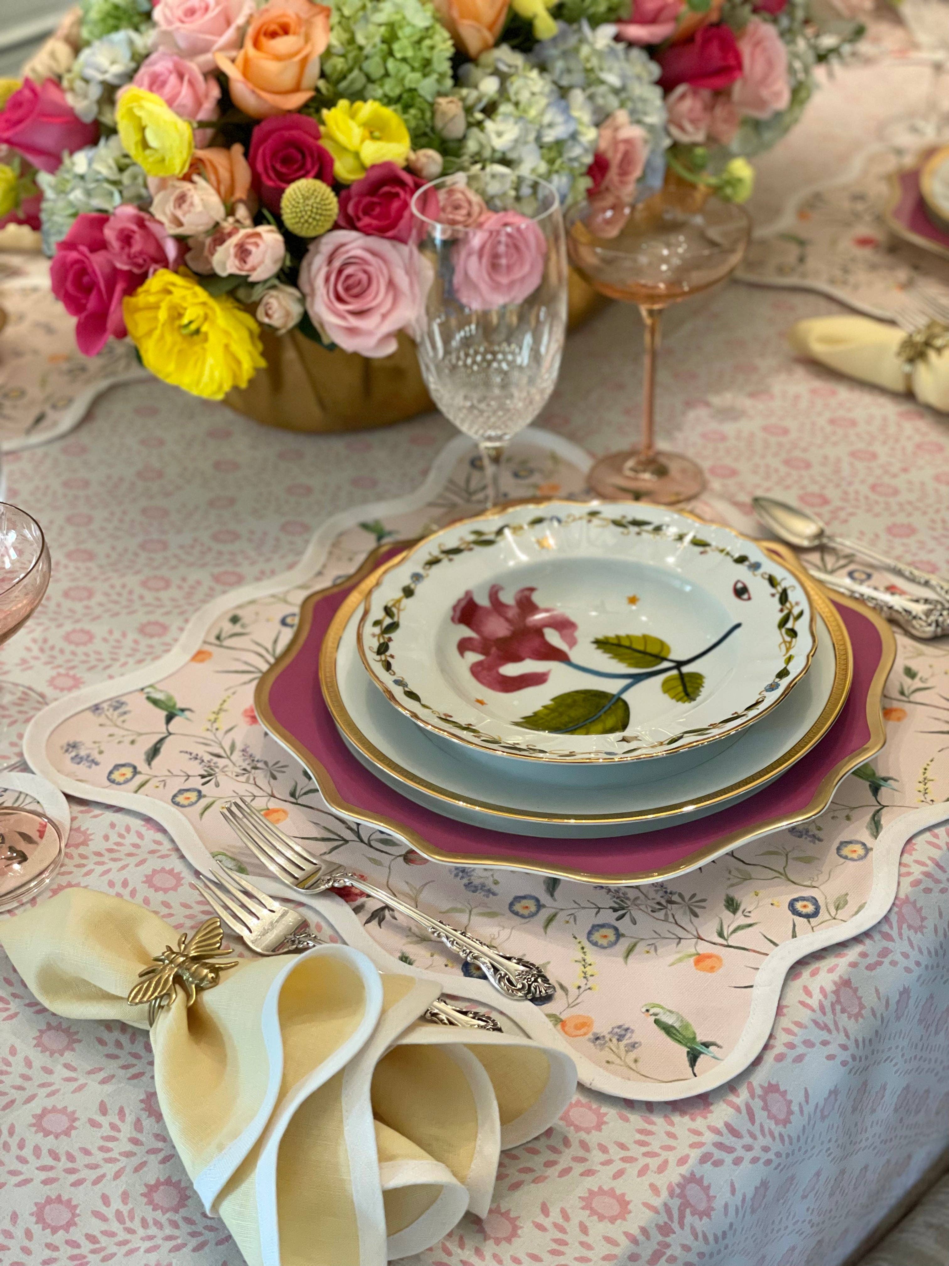 Frances Fields Home, formerly Fenwick Fields – wholesale Placemat – Square Scalloped Placemat | Jardin de Fleurs - Pink (4-pack)1