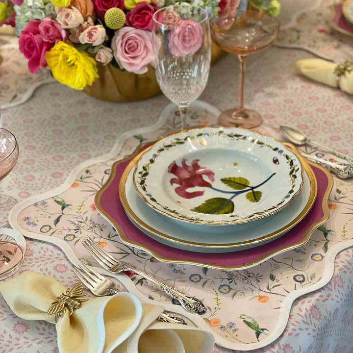 Frances Fields Home, formerly Fenwick Fields – wholesale Placemat – Square Scalloped Placemat | Jardin de Fleurs - Pink (4-pack)1