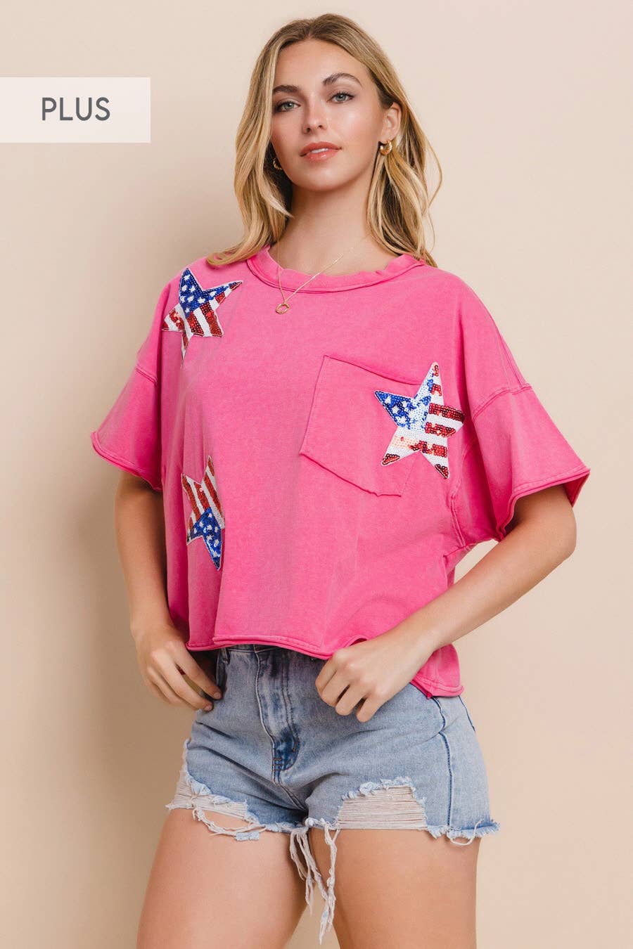 Oddi - Wholesale T-Shirt - Women's - Plus Flag Star Sequin Patch Top4