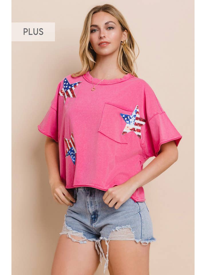 Oddi - Wholesale T-Shirt - Women's - Plus Flag Star Sequin Patch Top4