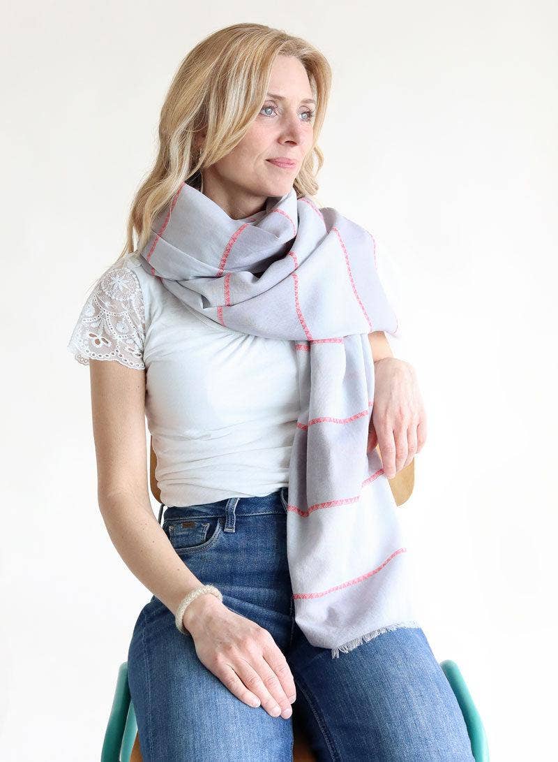 Djian - Wholesale Scarf - Women's - Scarf 100% Organic Cotton / Big Stripes – gray / pink0