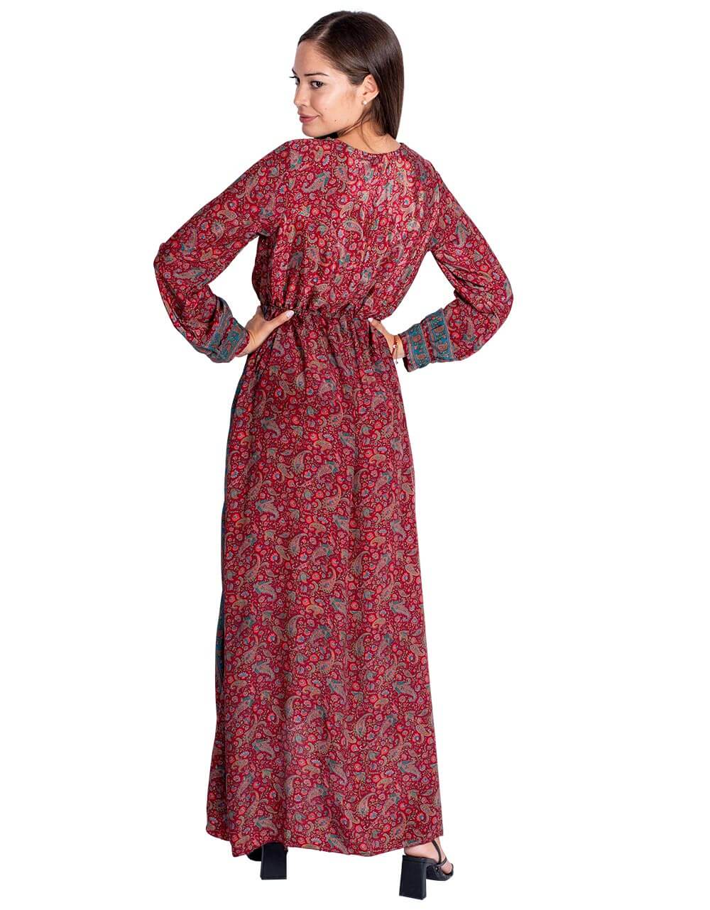 Kimago Look - Vente Robe – femme - Robe longue style bohème en soie bordeaux à imprimé cachemire avec fente5