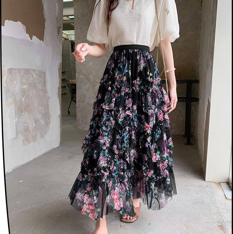 PEACH ACCESSORIES – Engroshandel Nederdel - Dame – PEACH ACCESSORIES blomsterprintet flæsenederdel med vidde SK1933