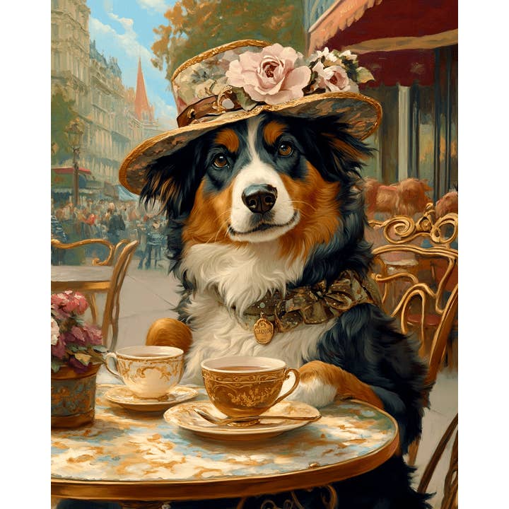 Australian Shepherd Having Tea - Pet Dog Still Life Wall Art Prints – 8″x10″ Artwork for 11″x14″ Frame and other Purchase Wholesale australian shepherd. Free Returns & Net 60 Terms on Faire trending on Faire.