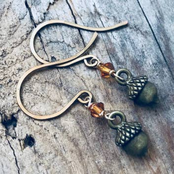 Fuchsia Bloom Studio - Wholesale Dangle Earrings - Tiny Brass Acorn Earrings With Crystal0