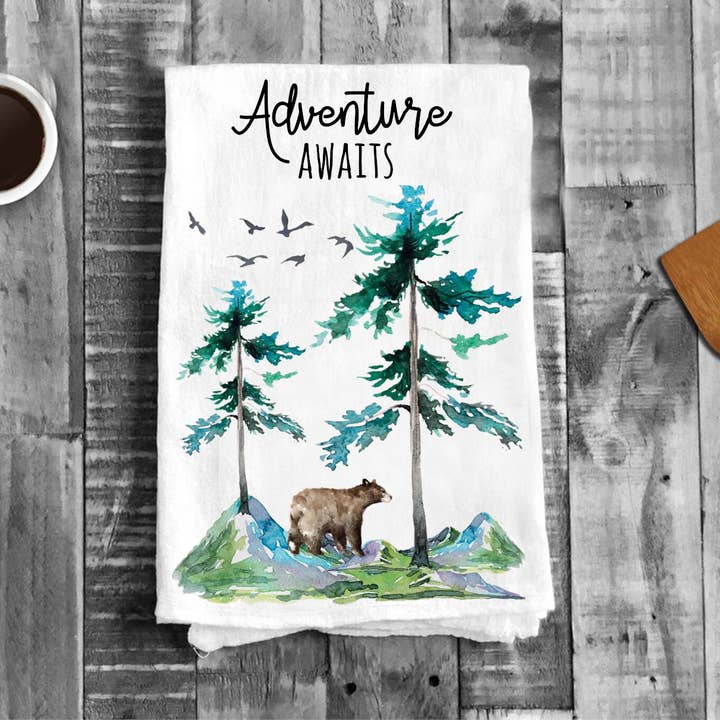 Adventure Awaits Camping Mountains Cotton Tea Dish Towels for wholesale by Avery Lane Gifts