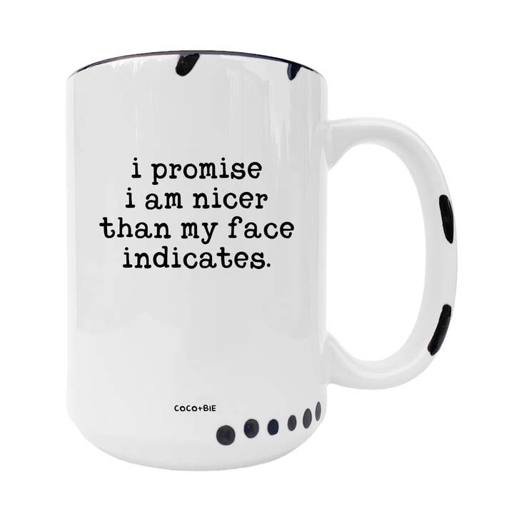 Nicer Than My Face Indicates - Funny Mug, Sassy Mug for wholesale by coco+bie designs