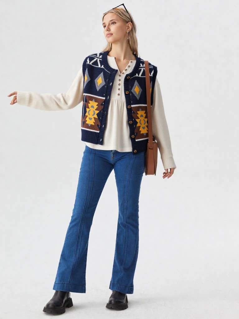 VERY J - Wholesale Sweater Vest - Women's - 12W2661V-Aztec Graphic Button Down Knit Sweater Vest6