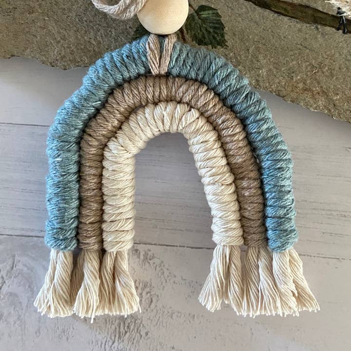 Macrame Rainbow Car Diffuser - Duck Egg Blue for wholesale by Chickadee Creations