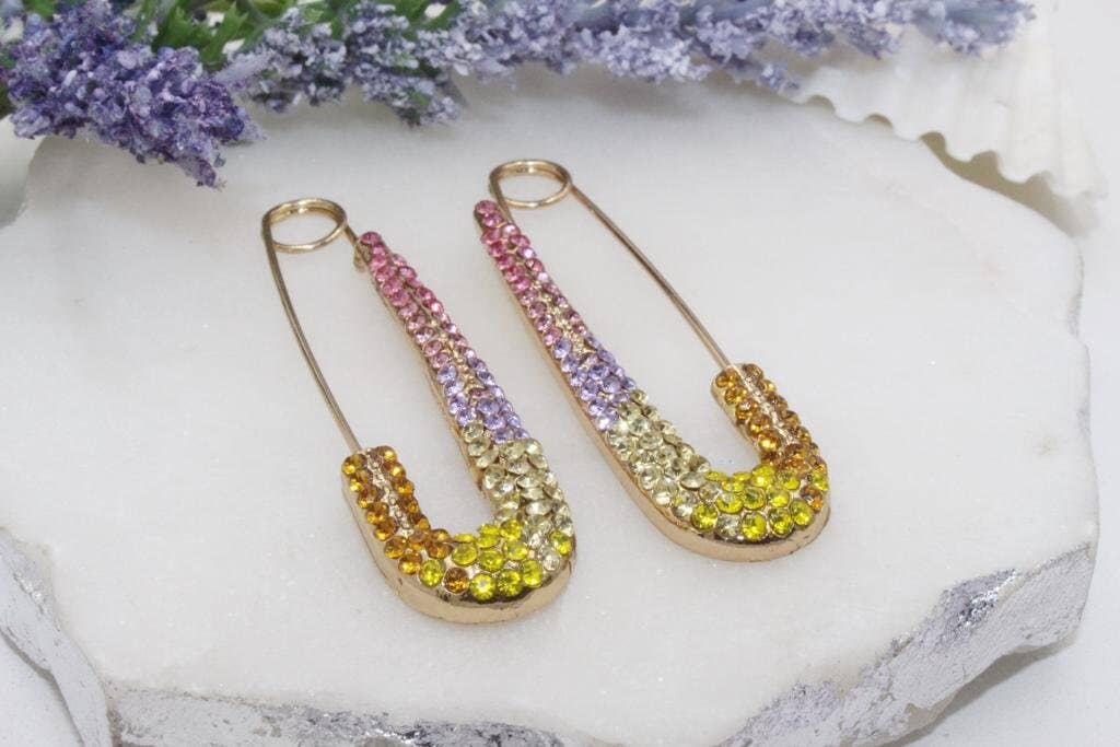 Cherie by Cherie - Wholesale Dangle earrings - Colorful Cubic Zirconia Safety Pin Earrings