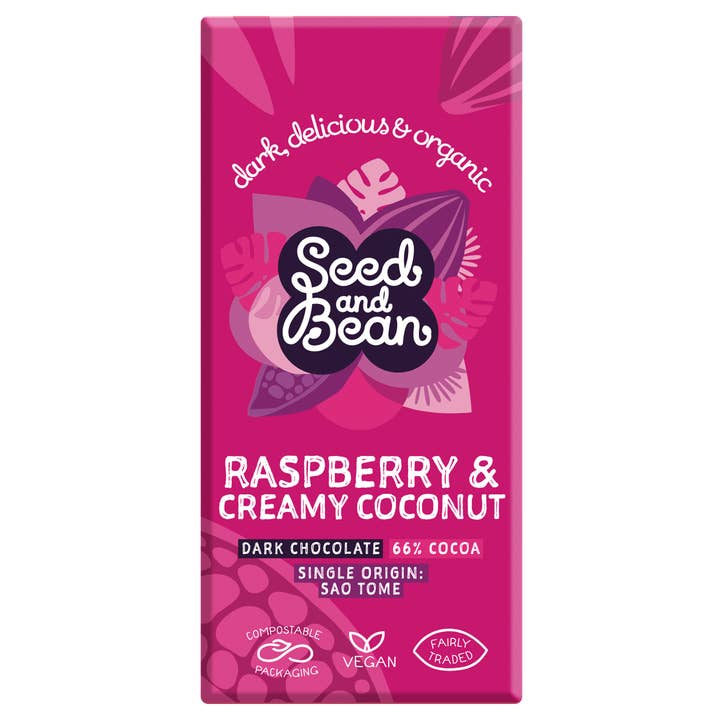COCONUT & RASPBERRY DARK VEGAN CHOCOLATE 75G BAR (66% COCOA) for wholesale by Seed & Bean