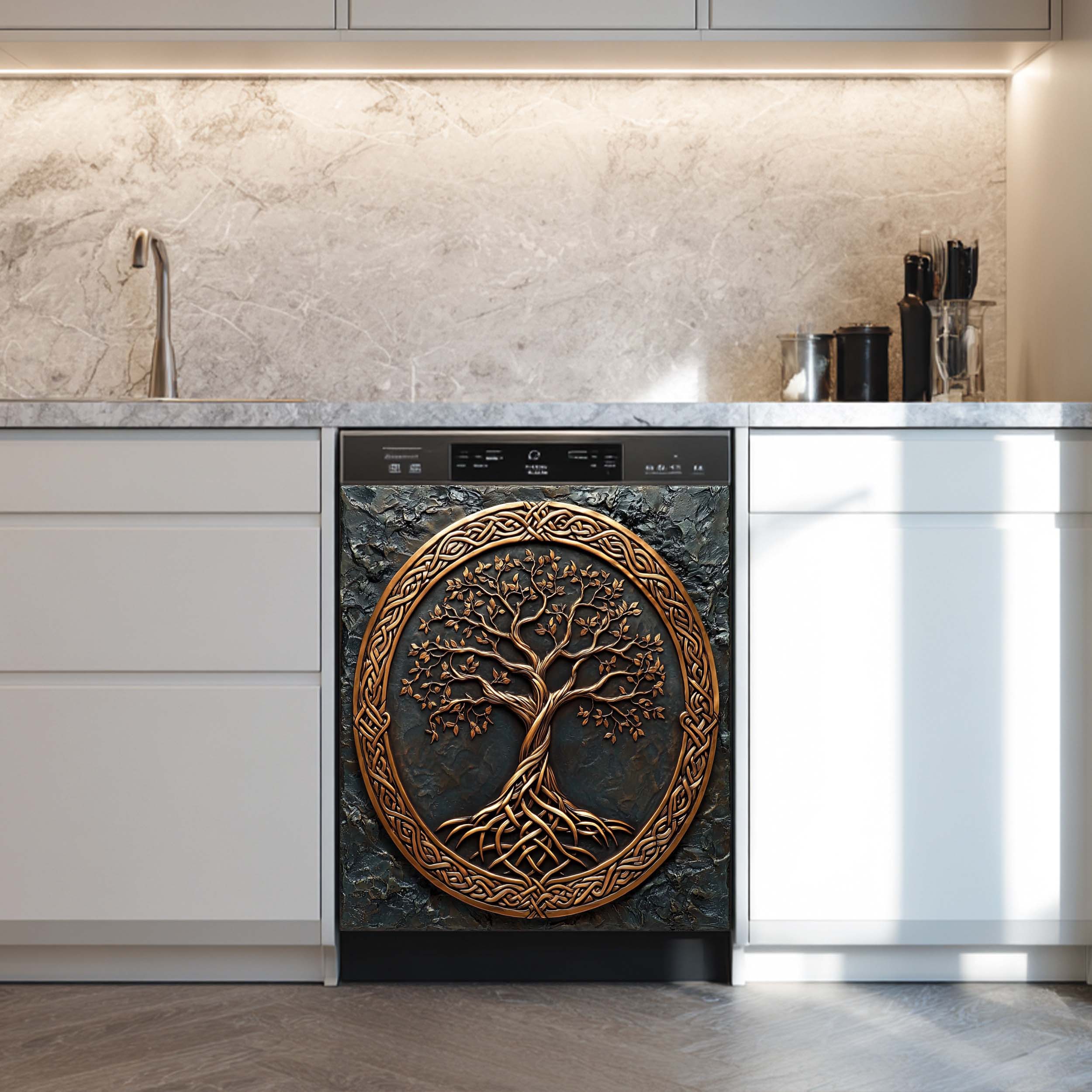 Glass Kitchen Backsplash – wholesale Magnet – Bronze Roots Dishwasher Magnet Cover – Celtic Tree of Life Magnetic Refrigerator Wrap1