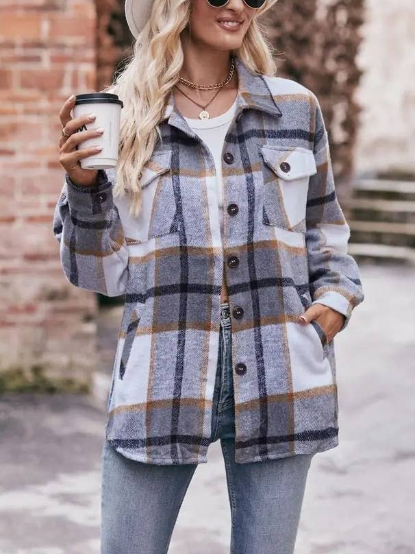 Casual Plaid Button Down Jacket with Front Pockets for wholesale by Lovesoft