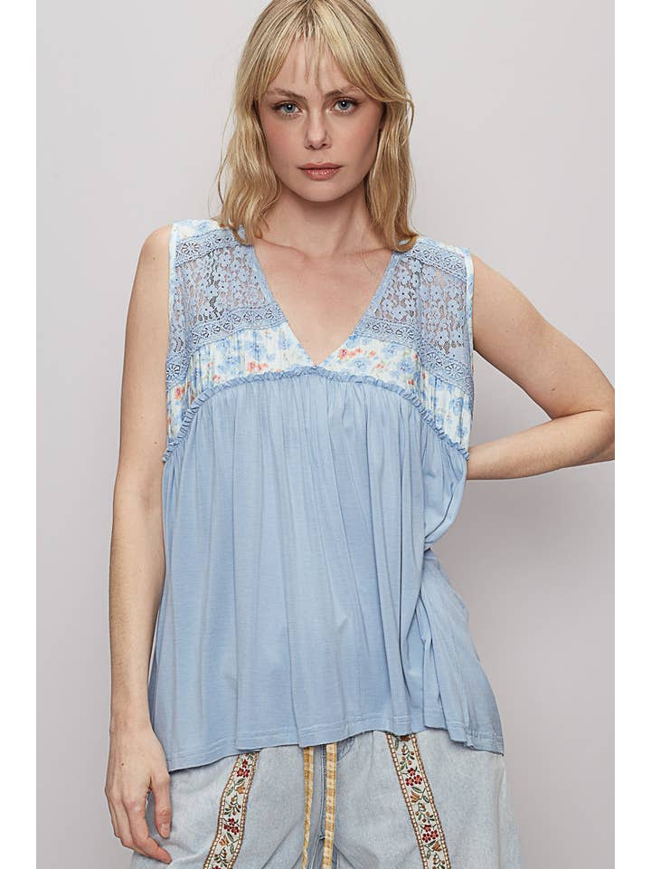 Pol Clothing - Wholesale Knit Top - Women's - V-neck sleeveless floral lace contrast knit top SALE