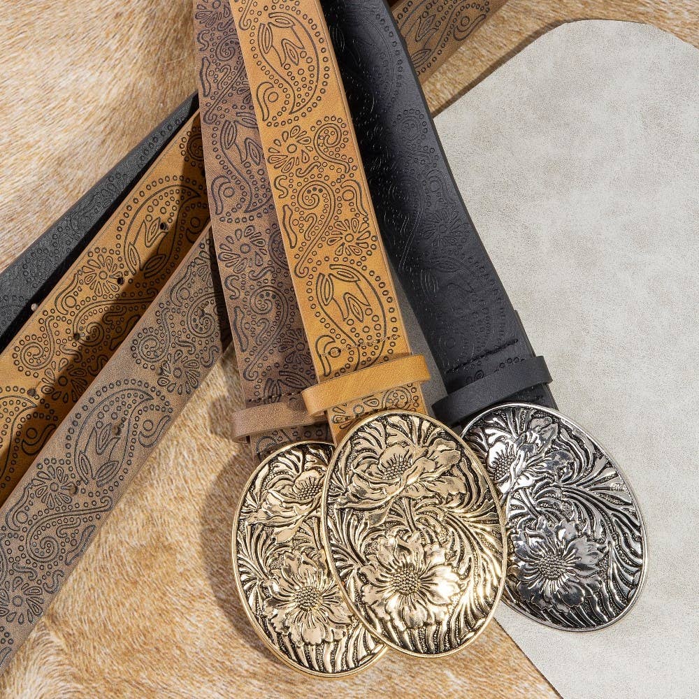 Collections by Fame Accessories - Wholesale Belt - Women's - Floral Buckle Paisley Pattern Vegan Leather Belt2
