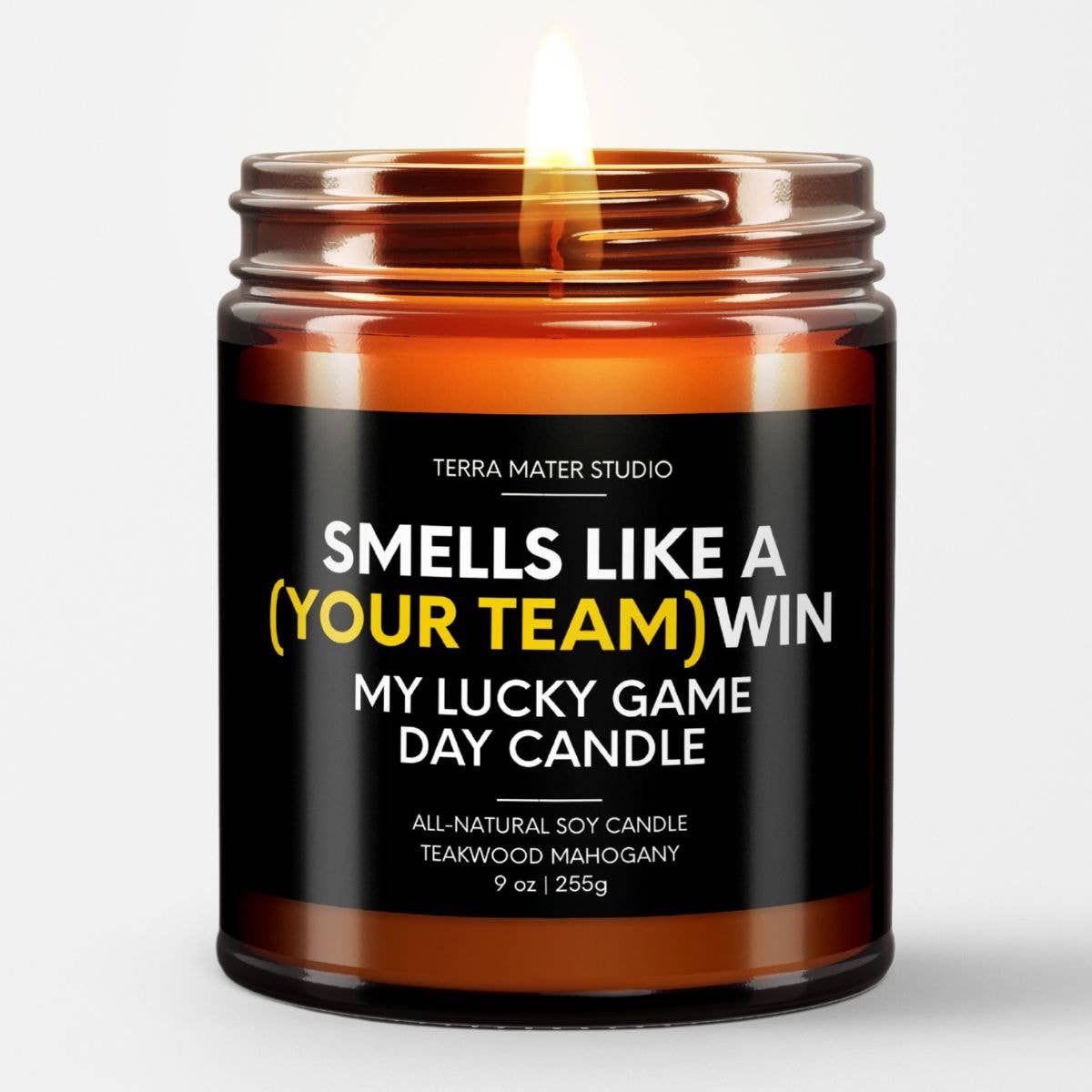 Terra Mater Studio LLC – wholesale Jar/filled candle – Smells Like Your 'Custom Team' Win | Lucky Game-Day Candle2