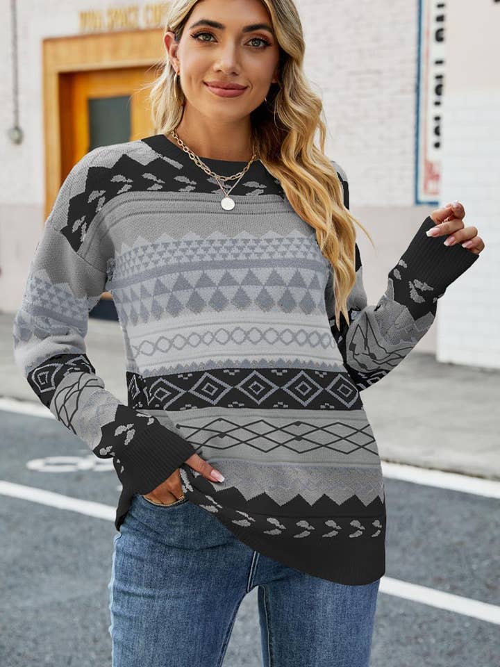 Lily Clothing - Wholesale Knit Sweater - Women's - WOMEN VINTAGE BOHEMIAN PRINTING KNIT SWEATER_CWOSWL0326